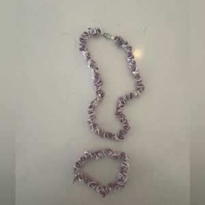 Purple and White Beaded Shell Necklace and Bracelet Set